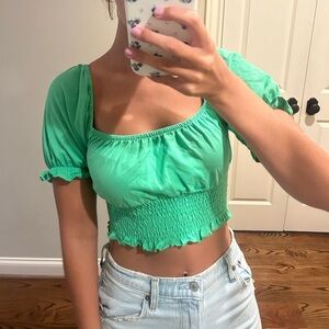 Top shop green puff sleeve elastic smocked top